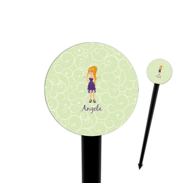 Custom Custom Character (Woman) 4" Round Plastic Food Picks - Black - Single Sided (Personalized)
