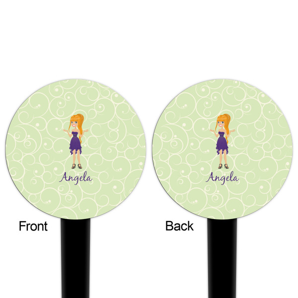 Custom Character (Woman) Black Plastic 4" Food Pick - Round - Double Sided - Front & Back