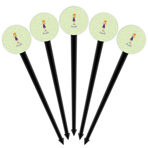 Custom Character (Woman) Black Plastic 4" Food Pick - Round - Fan View