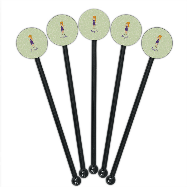 Custom Character (Woman) Black Plastic 5.5" Stir Stick - Round - Fan View