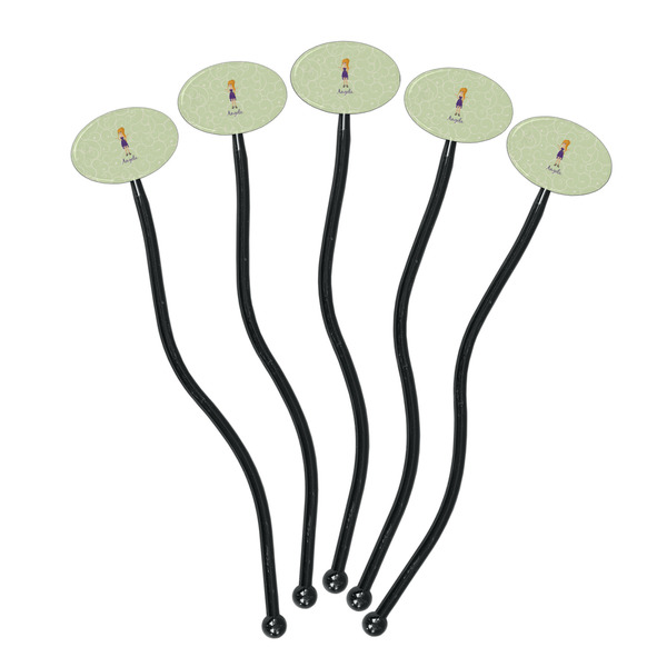 Custom Character (Woman) Black Plastic 7" Stir Stick - Oval - Fan