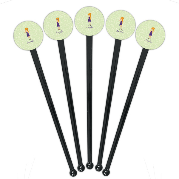 Custom Character (Woman) Black Plastic 7" Stir Stick - Round - Fan View