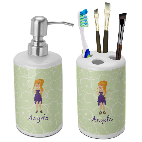 Custom Custom Character (Woman) Ceramic Bathroom Accessories Set (Personalized)
