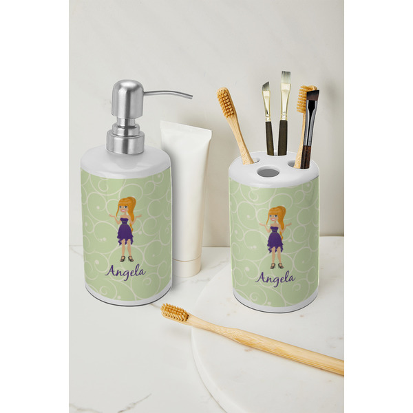 Custom Character (Woman) Ceramic Bathroom Accessories - LIFESTYLE (toothbrush holder & soap dispenser)