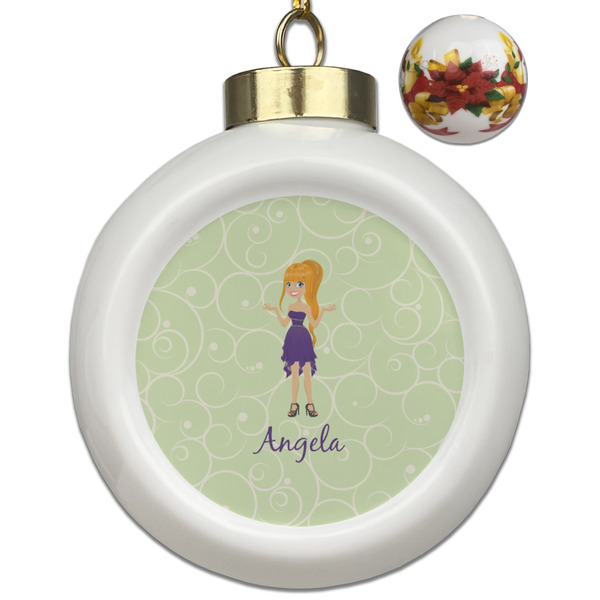 Custom Custom Character (Woman) Ceramic Ball Ornaments - Poinsettia Garland (Personalized)
