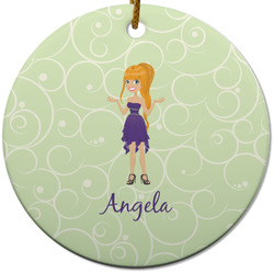 Custom Character (Woman) Round Ceramic Ornament w/ Name or Text