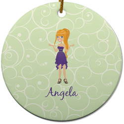 Custom Character (Woman) Round Ceramic Ornament w/ Name or Text