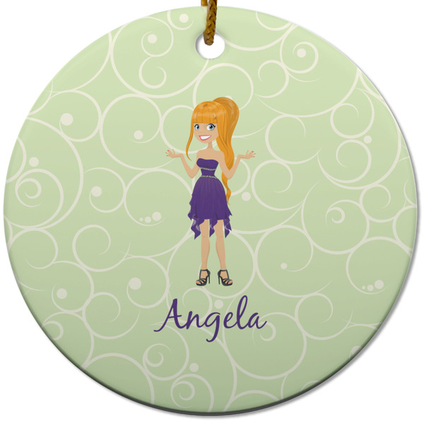 Custom Character (Woman) Ceramic Flat Ornament - Circle (Front)