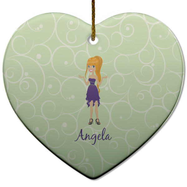 Custom Character (Woman) Ceramic Flat Ornament - Heart (Front)