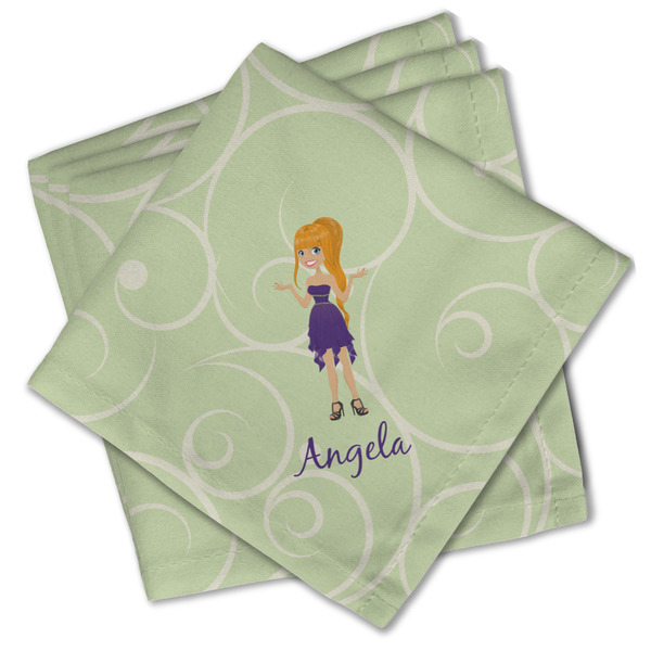 Custom Custom Character (Woman) Cloth Cocktail Napkins - Set of 4 w/ Name or Text