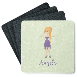 Custom Character (Woman) Square Rubber Backed Coasters - Set of 4 (Personalized)