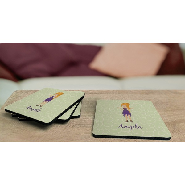 Custom Character (Woman) Coaster Rubber Back - On Coffee Table