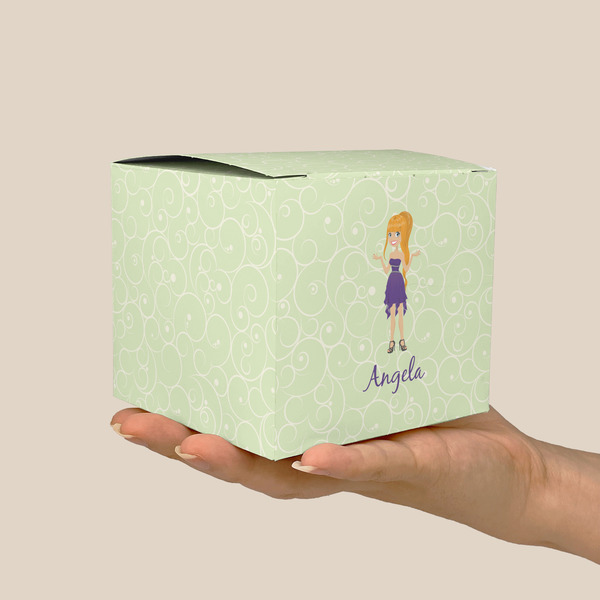 Custom Character (Woman) Cube Favor Gift Box - On Hand - Scale View