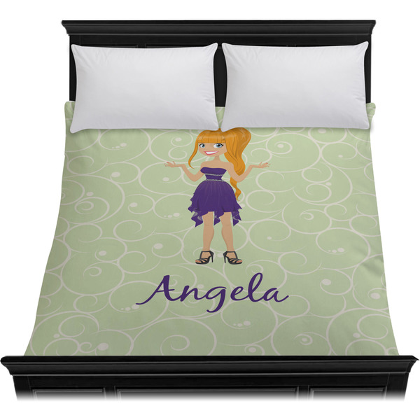Custom Character (Woman) Duvet Cover - Queen - On Bed - No Prop