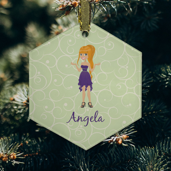 Custom Character (Woman) Frosted Glass Ornament - Hexagon (Lifestyle)