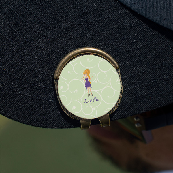Custom Character (Woman) Golf Ball Marker Hat Clip - Gold - On Hat