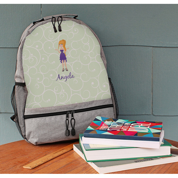 Custom Character (Woman) Large Backpack - Gray - On Desk