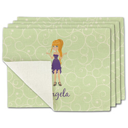 Custom Character (Woman) Single-Sided Linen Placemat - Set of 4 w/ Name or Text