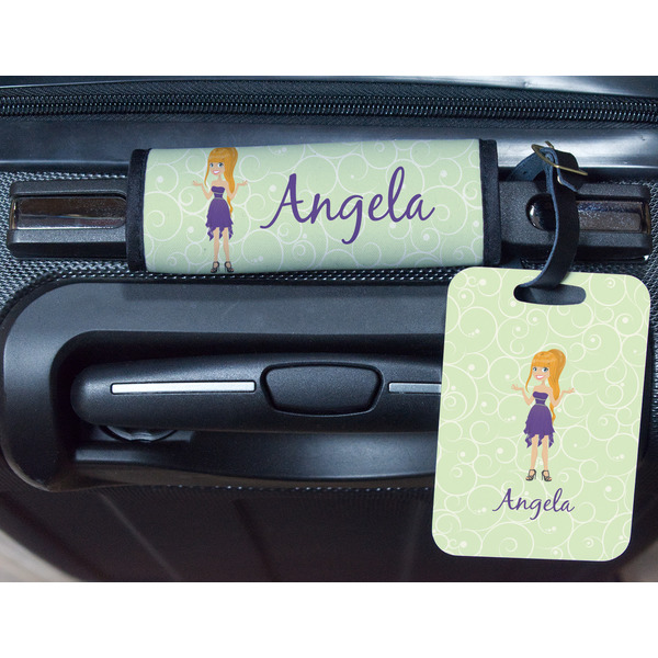 Custom Character (Woman) Metal Luggage Tag & Handle Wrap - In Context