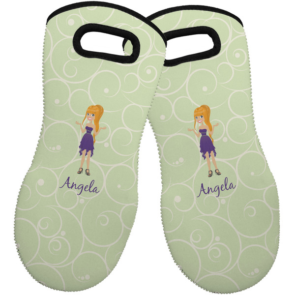 Custom Custom Character (Woman) Neoprene Oven Mitts - Set of 2 w/ Name or Text