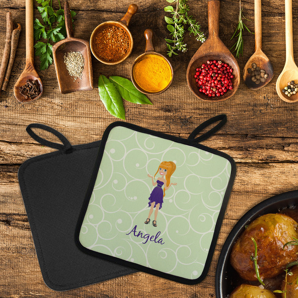 Custom Character (Woman) Neoprene Pot Holder - Set of 2  LIFESTYLE (Flatlay)