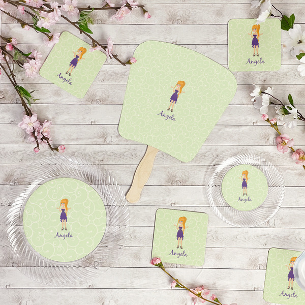 Custom Character (Woman) Party Supplies Combination Image - All items - Plates, Coasters, Fans