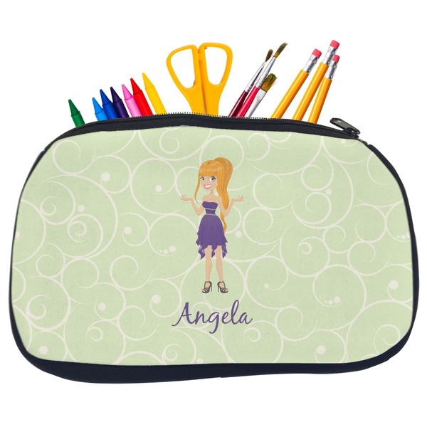 Custom Custom Character (Woman) Neoprene Pencil Case - Medium w/ Name or Text