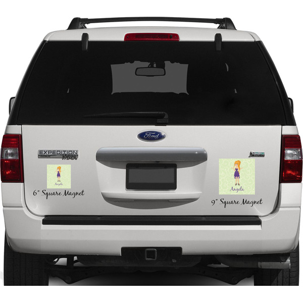 Custom Character (Woman) Personalized Square Car Magnets on Ford Explorer