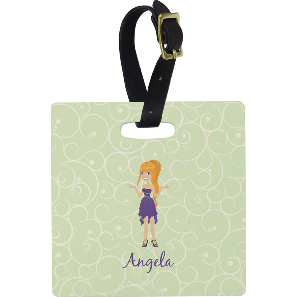 Custom Custom Character (Woman) Plastic Luggage Tag - Square w/ Name or Text