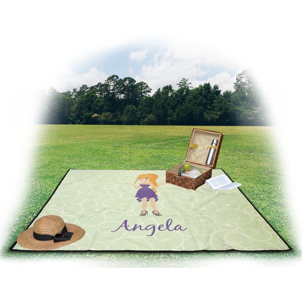 Custom Character (Woman) Picnic Blanket - with Basket Hat and Book - in Use