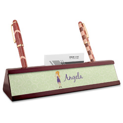 Custom Character (Woman) Red Mahogany Nameplate with Business Card Holder (Personalized)