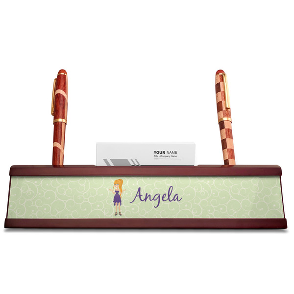 Custom Character (Woman) Red Mahogany Nameplates with Business Card Holder - Straight