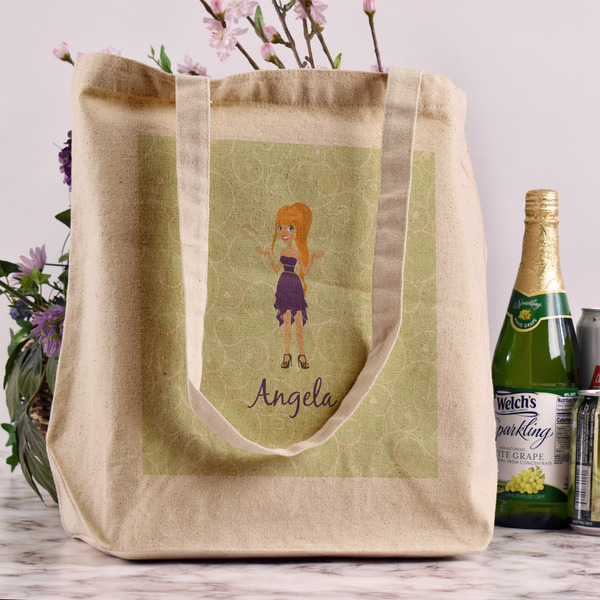 Custom Character (Woman) Reusable Cotton Grocery Bag - In Context