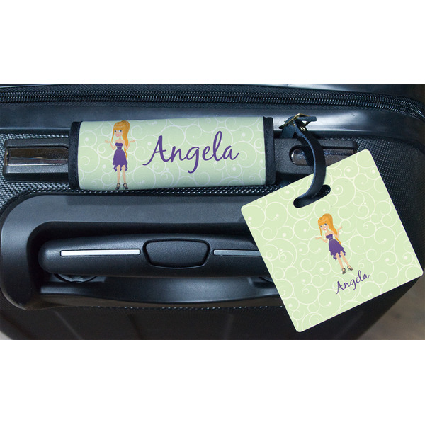 Custom Character (Woman) Square Luggage Tag & Handle Wrap - In Context