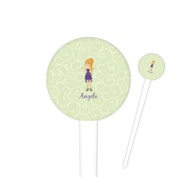 Custom Character (Woman) 4" Round Plastic Food Picks - White - Double Sided (Personalized)