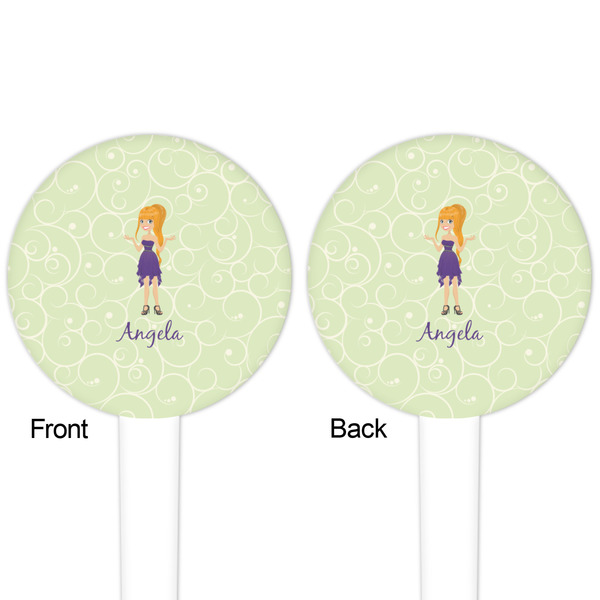 Custom Character (Woman) White Plastic 4" Food Pick - Round - Double Sided - Front & Back