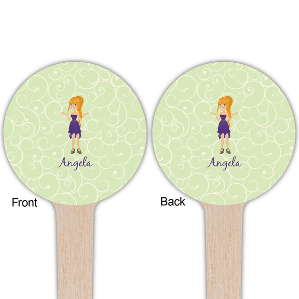 Custom Character (Woman) Wooden 4" Food Pick - Round - Double Sided - Front & Back