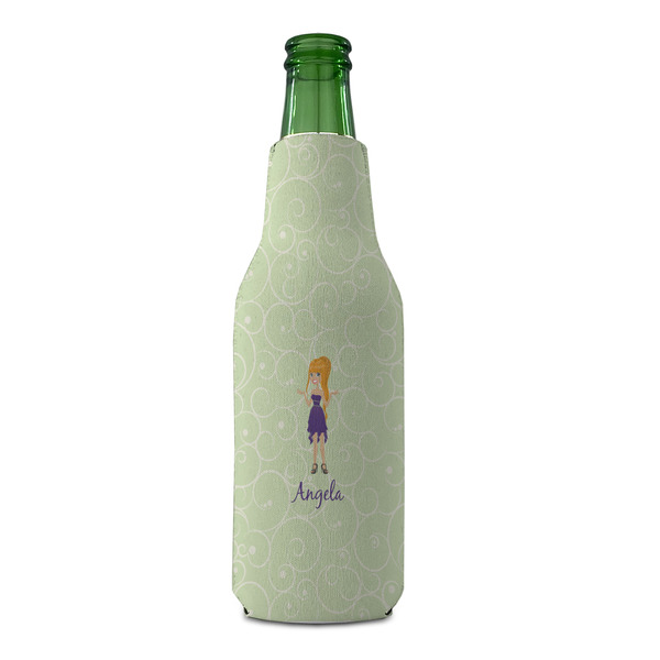 Custom Character (Woman) Zipper Bottle Cooler - FRONT (bottle)
