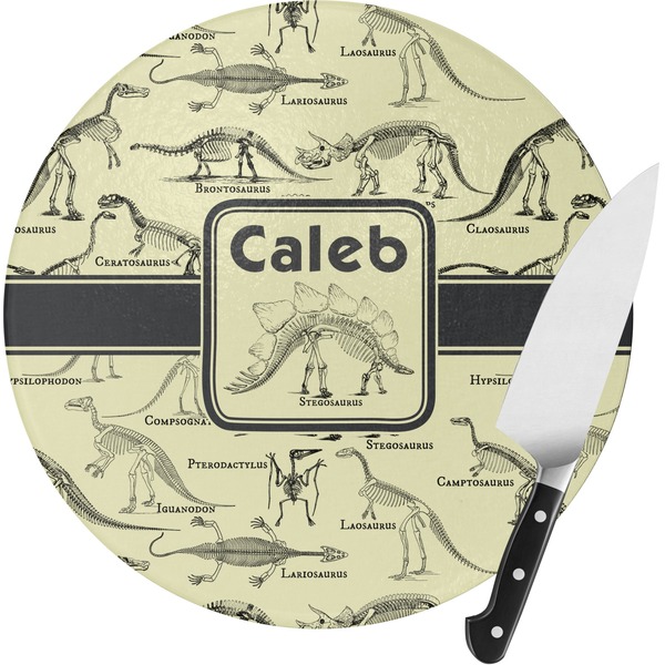 Custom Dinosaur Skeletons Round Glass Cutting Board - Small (Personalized)
