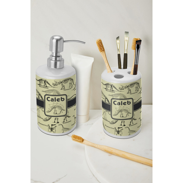 Dinosaur Skeletons Ceramic Bathroom Accessories - LIFESTYLE (toothbrush holder & soap dispenser)