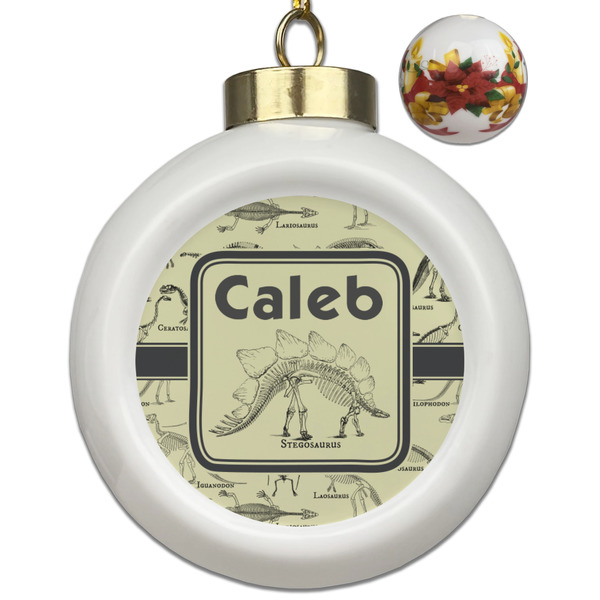 Custom Dinosaur Skeletons Ceramic Ball Ornaments - Poinsettia Garland (Personalized)