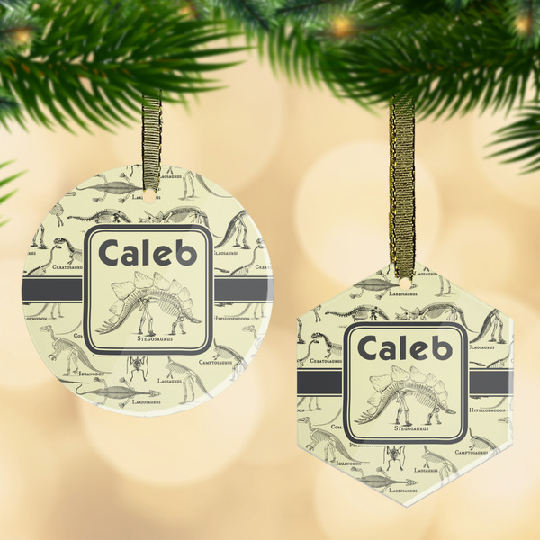 Custom Dinosaur Skeletons Flat Glass Ornament w/ Name or Text