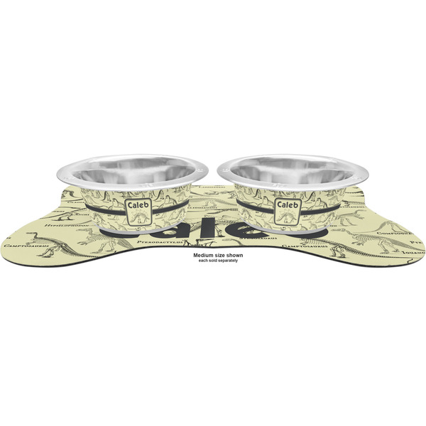 Dinosaur Skeletons Metal Pet Bowls - On Dog Bone Shaped Mat
