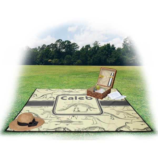Dinosaur Skeletons Picnic Blanket - with Basket Hat and Book - in Use