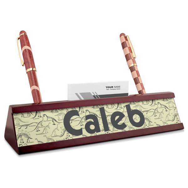Custom Dinosaur Skeletons Red Mahogany Nameplate with Business Card Holder (Personalized)