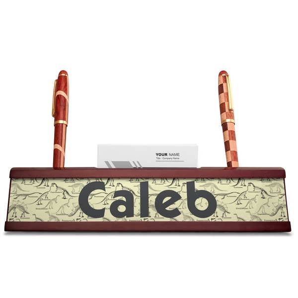Dinosaur Skeletons Red Mahogany Nameplates with Business Card Holder - Straight