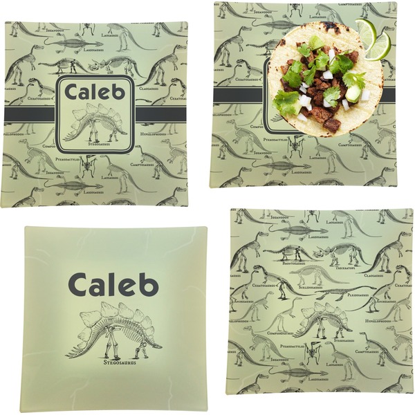 Custom Dinosaur Skeletons Set of 4 Glass Square Lunch / Dinner Plate 9.5" (Personalized)