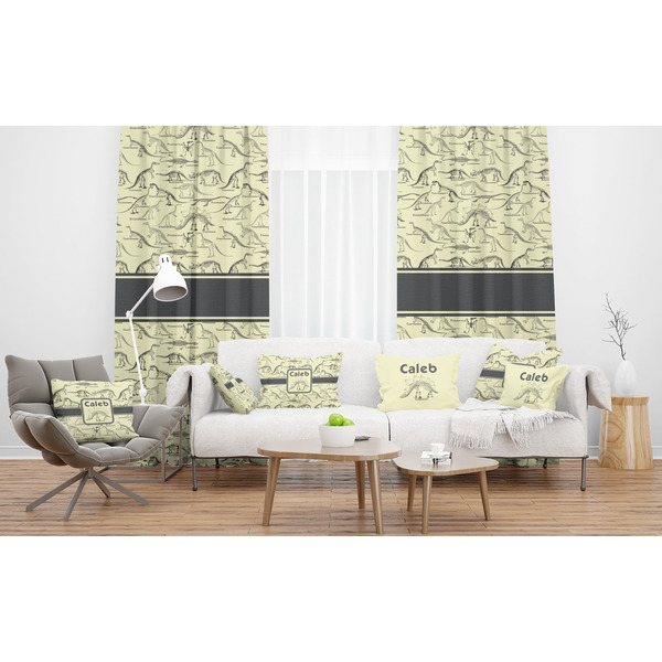 Dinosaur Skeletons Sheer and Custom Curtains in Room with Matching Pillows