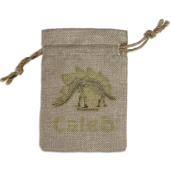 Custom Dinosaur Skeletons Small Burlap Gift Bag - Front (Personalized)