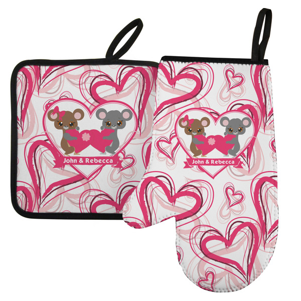 Custom Valentine's Day Left Oven Mitt & Pot Holder Set w/ Couple's Names